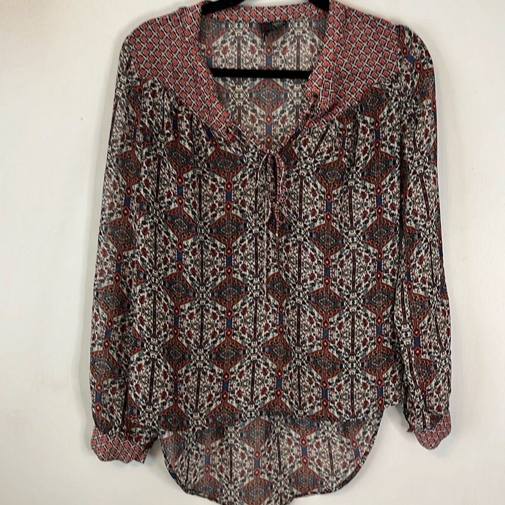 Fire Los Angeles Sheer Blouse Long Sleeve Boho Tribal Small Tie Up Neck Detail